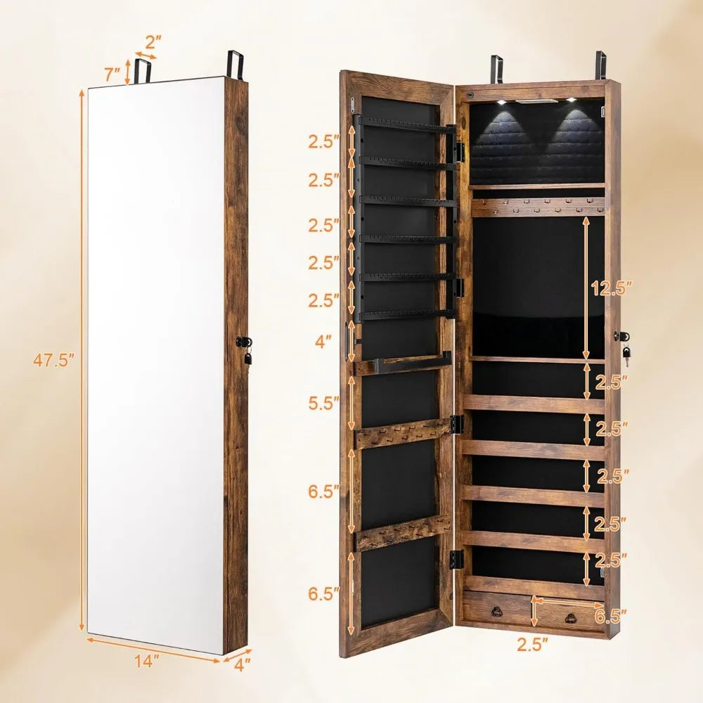 2 LEDs Full Length Mirror Jewelry Armoire with Storage and Mounting Options 47.5 Inch Jewelry Cabinet