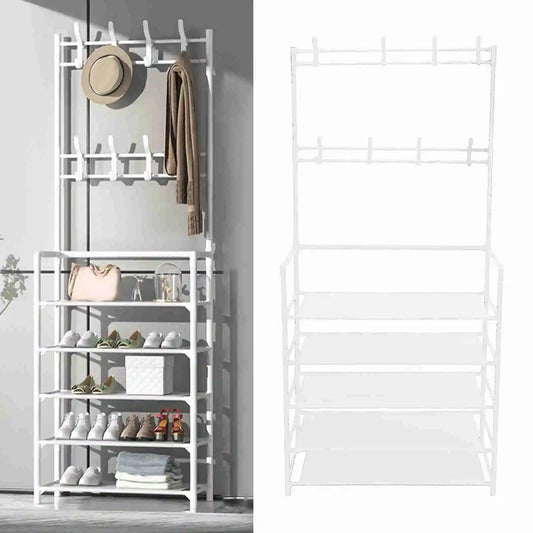 Coat Rack Stand 2 In 1 Entryway Clothes Hanging Organizer Metal Stable Load Bearing with Hooks for Entrance Hall Bedroom Office