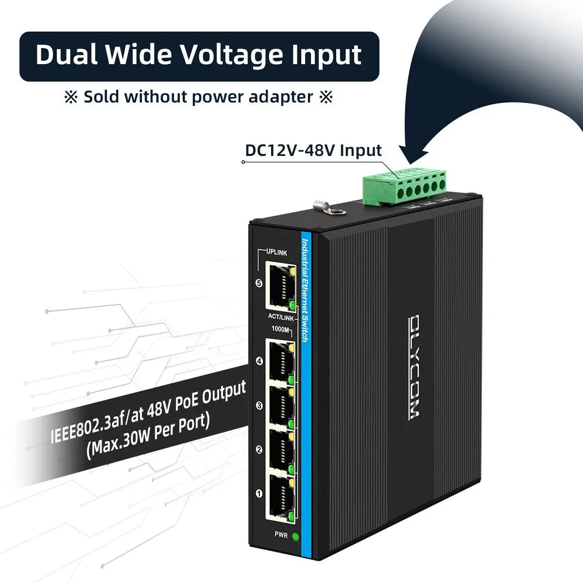 Industrial 5 Ports Gigabit PoE Switch 12V to 48V DC Input 48V DC PoE Output 10/100/1000Mbps Ethernet Switch