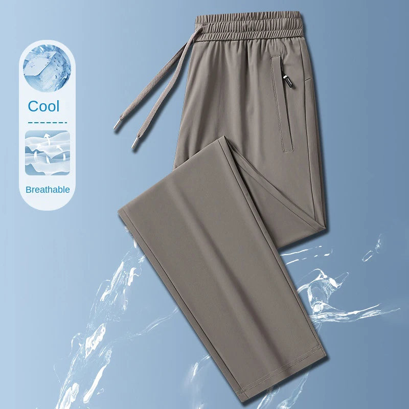 Ice Silk Men's trousers 2024 summer black-and-gray thin style business casual pants outdoor stretch breathable straight leg loos