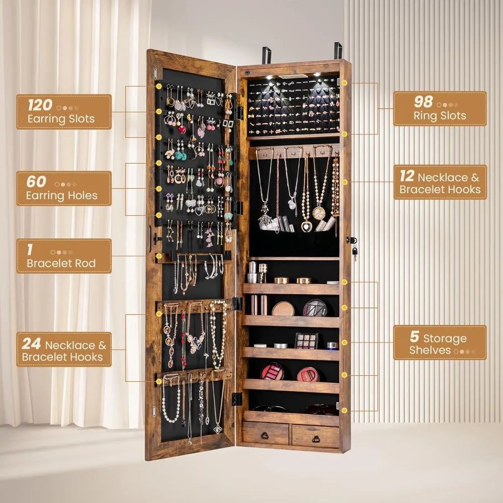 2 LEDs Full Length Mirror Jewelry Armoire with Storage and Mounting Options 47.5 Inch Jewelry Cabinet