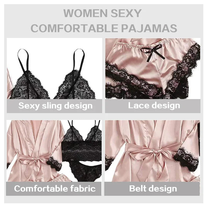 4 Pieces Women's Sleepwear Pajamas Set with Robe Sexy Lace Lingerie Bathrobe Silk Satin Home Nightwear Robe