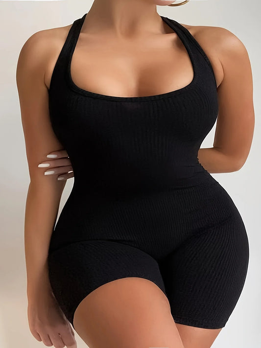 Plus Size Fashion Black Halter Jumpsuit for Women Solid Color Sexy Body-Con Black Clothing