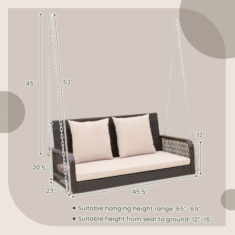 Wicker Outdoor Porch Swing 800 LBS Capacity 2-Seater Swing Bench with Hanging Chains and Cushions