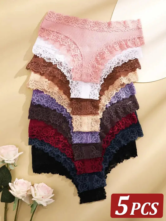 5 Pcs Set Women Cotton Floral Lace Intimate Underwear Trendy Patchwork Lace Briefs Soft Lingerie S-XL