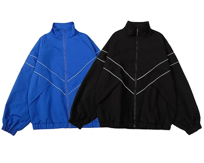 Reflective Striped Jacket Windbreaker Coat 2024 Men Hip Hop Streetwear Zipper Up Jacket Harajuku Thin Coats Sports Black Blue