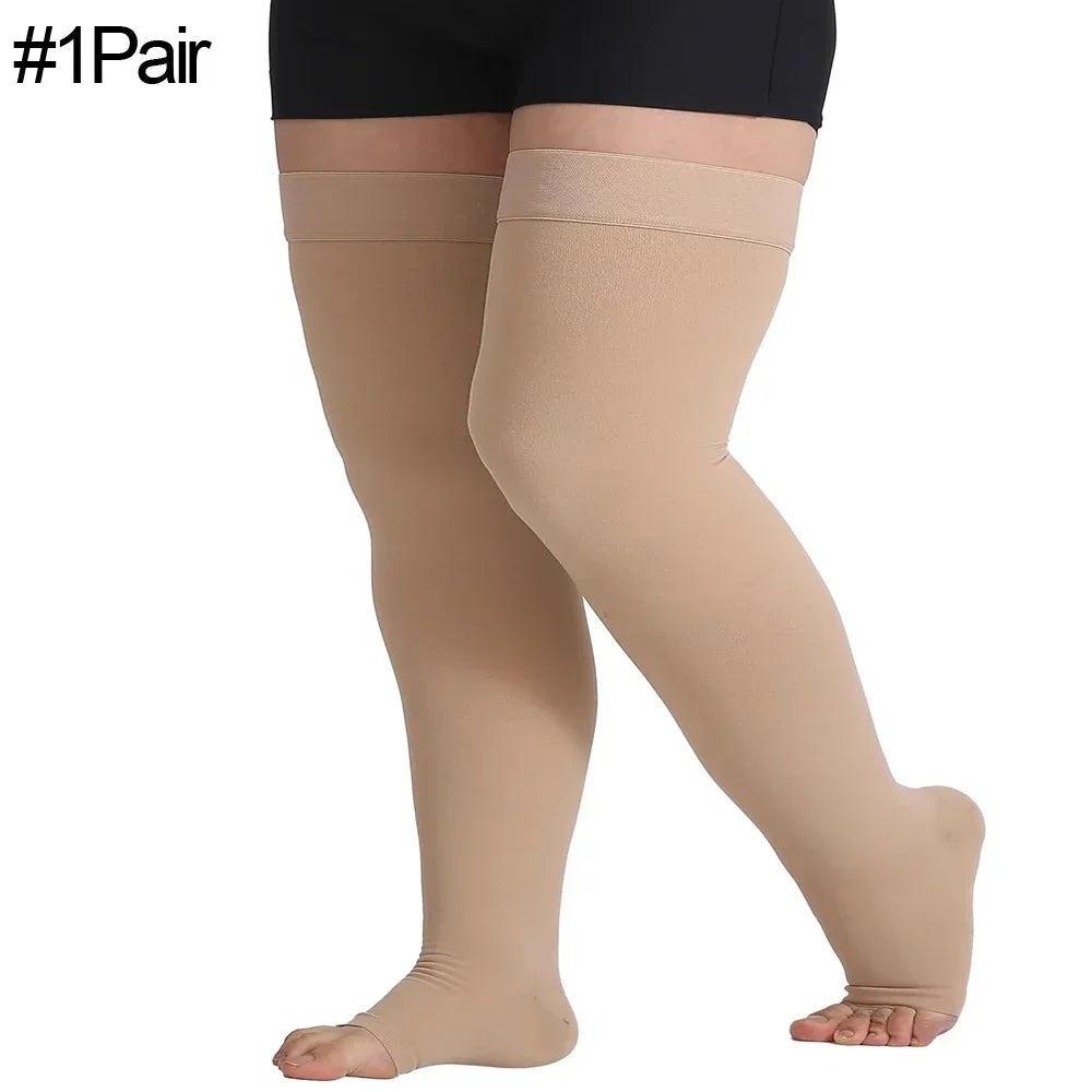 1 Pair Thigh High 20-32 mmHg Compression Stockings Toeless Compression Socks for Men and Women Circulation with Silicone Dot Band