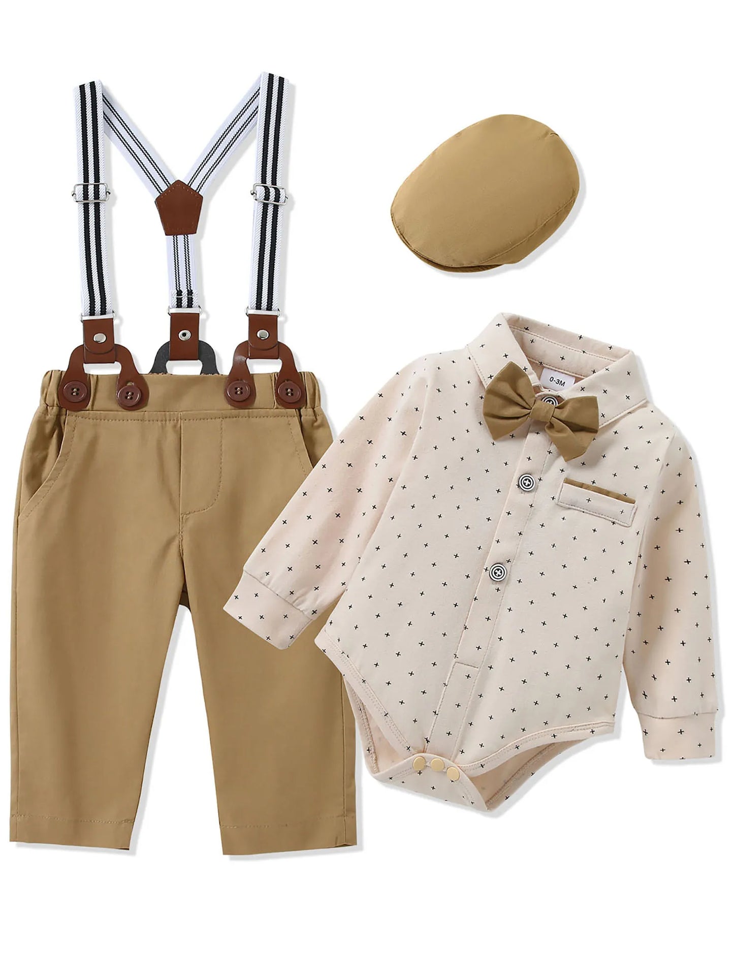 Baby Boy Gentleman Suit Outfit Set Infant Tuxedo Long Sleeve Dress Shirt Suspender Pants Bowtie Beret Hat
