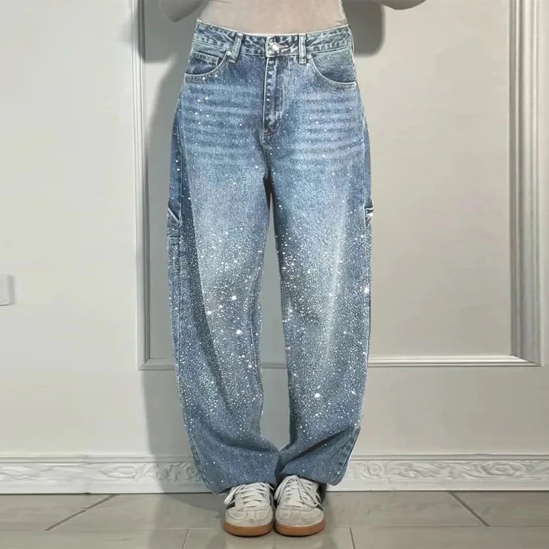 Shiny Rhinestone Baggy Women's Wide Leg Jeans Full Diamond Dragging Denim Pants Vintage Washed Casual Trousers