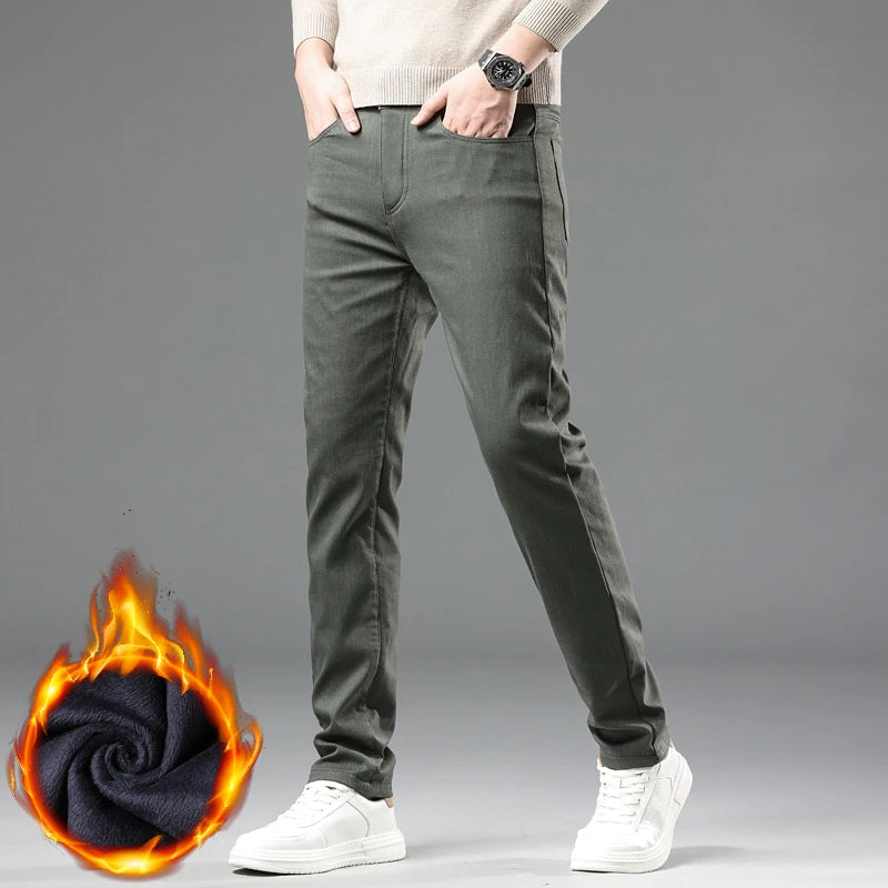 Winter New 2025 Fleece Pants Men's Thick Slim Elastic Business Casual Velvet Pants Warm Fashion Solid Color Plush Trousers Male