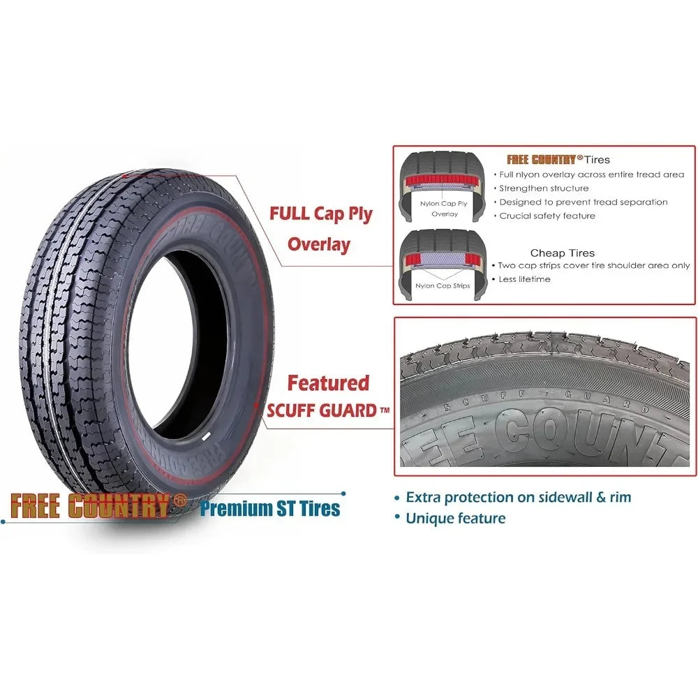 HOME.Grand Ride Set 4 Trailer Tires ST225/75R15 10 Ply Load Range E Steel Belted Radial w/Featured Scuff Guard 8mm Tread Depth
