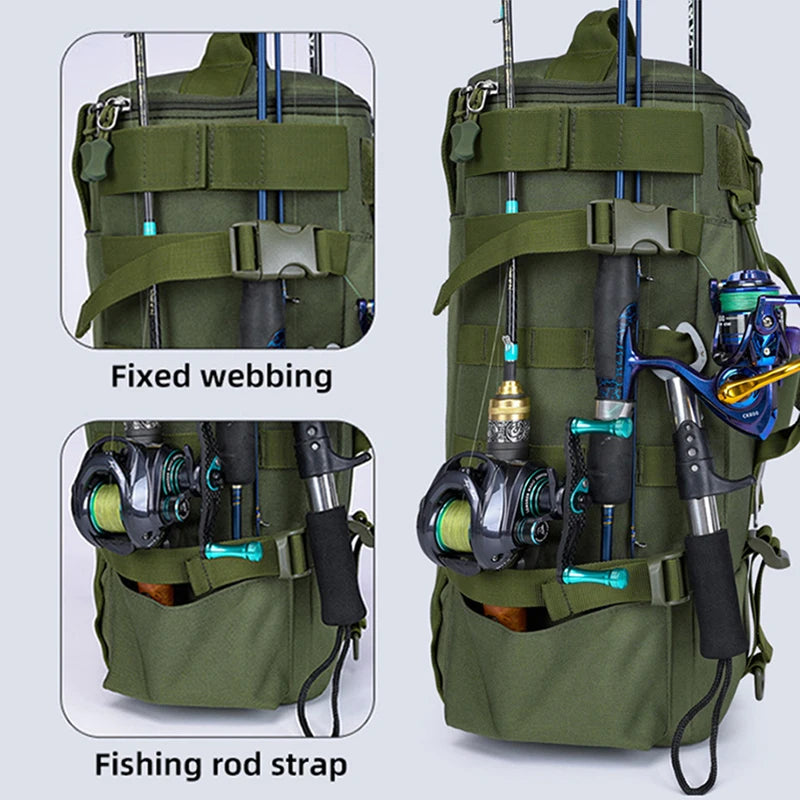 Tactical Fishing Backpack Tackle Bag with Rod Holders Multifunctional Storage for Camping Hiking and Outdoor Activities