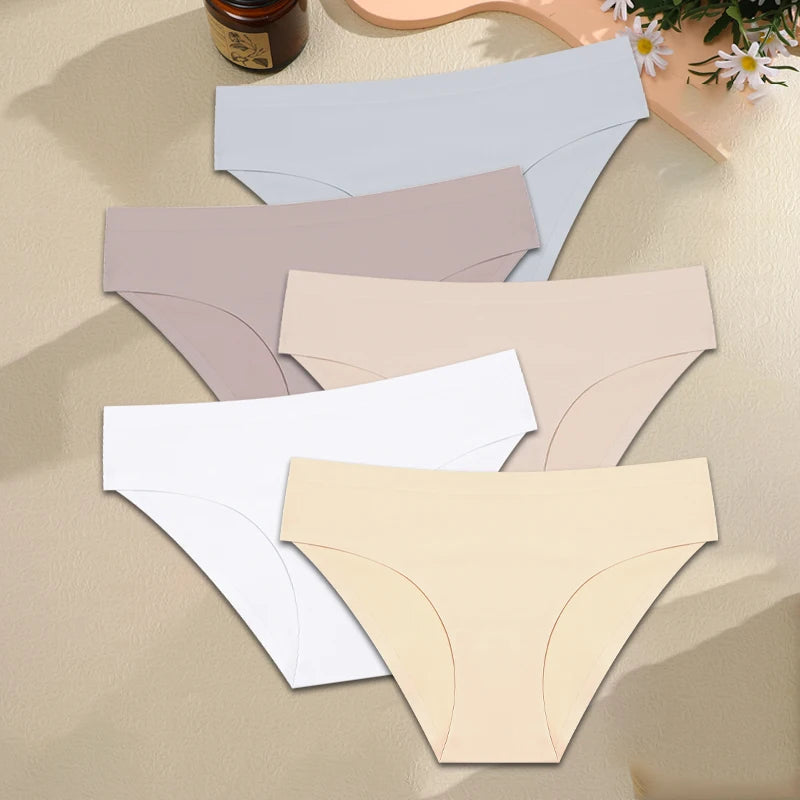 Finetoo 5PCS Seamless Panties for Women Sexy Ice Silk Underwear Solid Briefs Low Waist Comfortable Invisible Lingerie Intimates