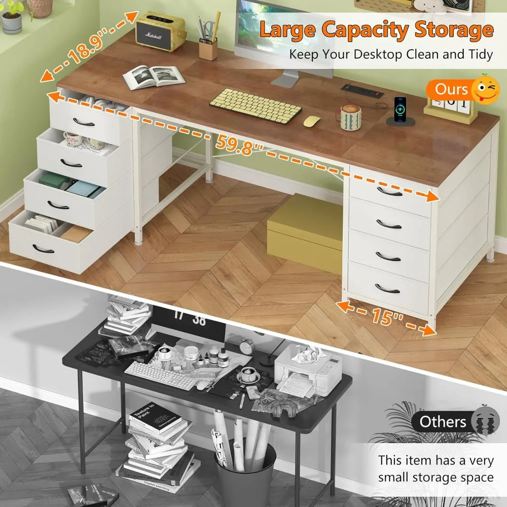 60 Inch Computer Desk with 8 Drawers, Power Outlets & USB Ports for Home Office Gaming