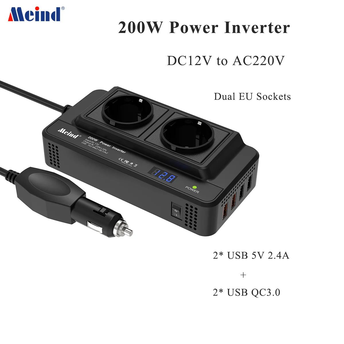 Meind 200W Car Inverter 12V to 220V Power Inverter for Car