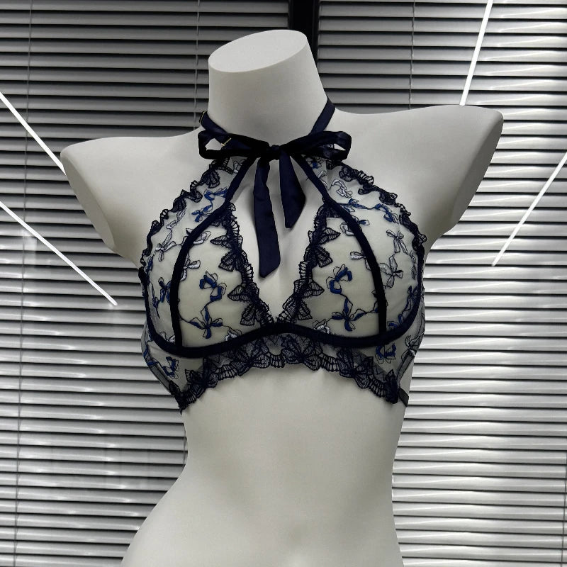 Butterfly Mambo Bra Set 32-38, Embroidered Ribbon Bow Neckband Lingerie, Sexy Pure Desire Bralette and Panty Set Women Sexy AB