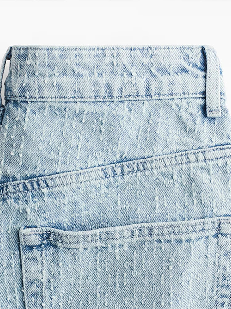 Vintage Women's Distressed Denim Suit Set Light Washed Blue Waist Tighing Jacket High Waist Wide Leg Jeans