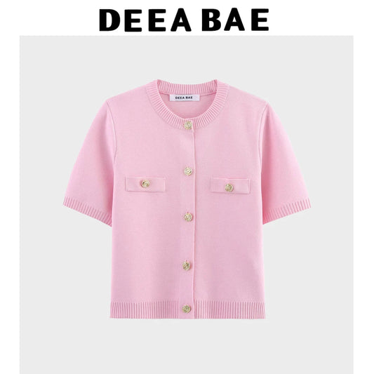 Deeabae Spring And Autumn Round Neck Short Sleeve Simple Fashion Single Breasted Knitted Cardigan Coat for Women