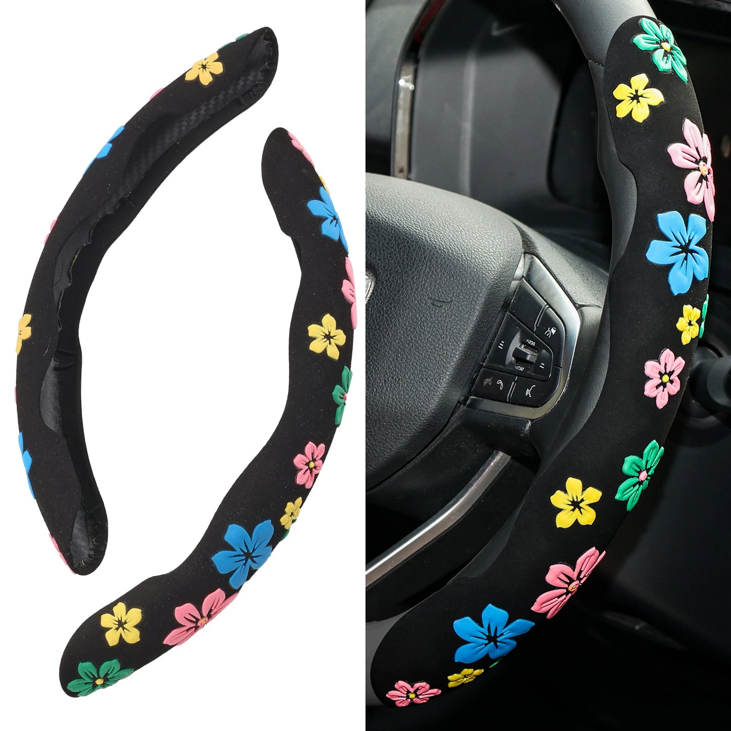 2PCS Universal Suede Car Steering Wheel Cover Floral Print Anti Slip for Women Car Interior Accessories
