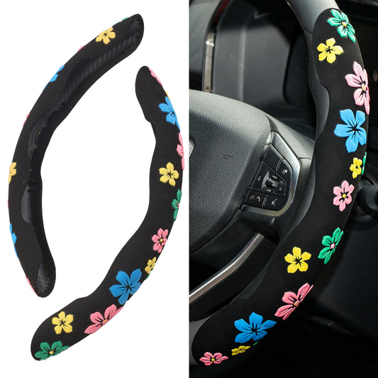2PCS Universal Suede Car Steering Wheel Cover Floral Print Anti Slip for Women Car Interior Accessories