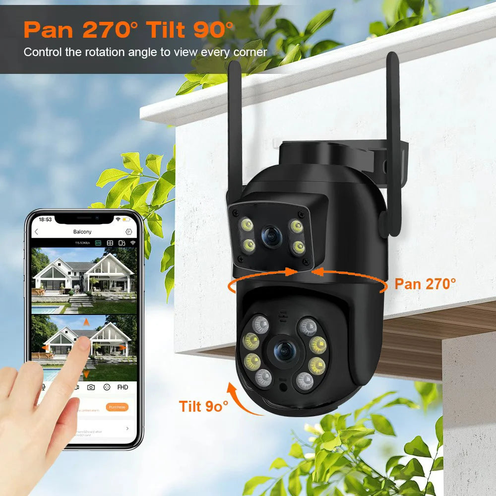 8MP 4K PTZ Wifi Camera with Dual Lens Dual Screens AI Human Detection Wireless Outdoor CCTV Security IP Camera