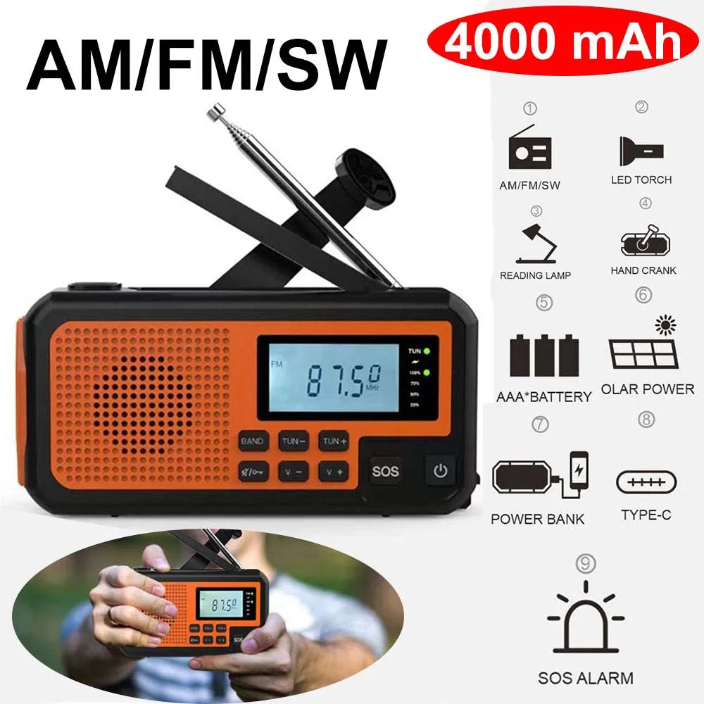 4000mAh Portable Emergency Solar Power Radio Hand Crank Charging AM FM Weather Radio LED Reading Flashlight Phone Charger