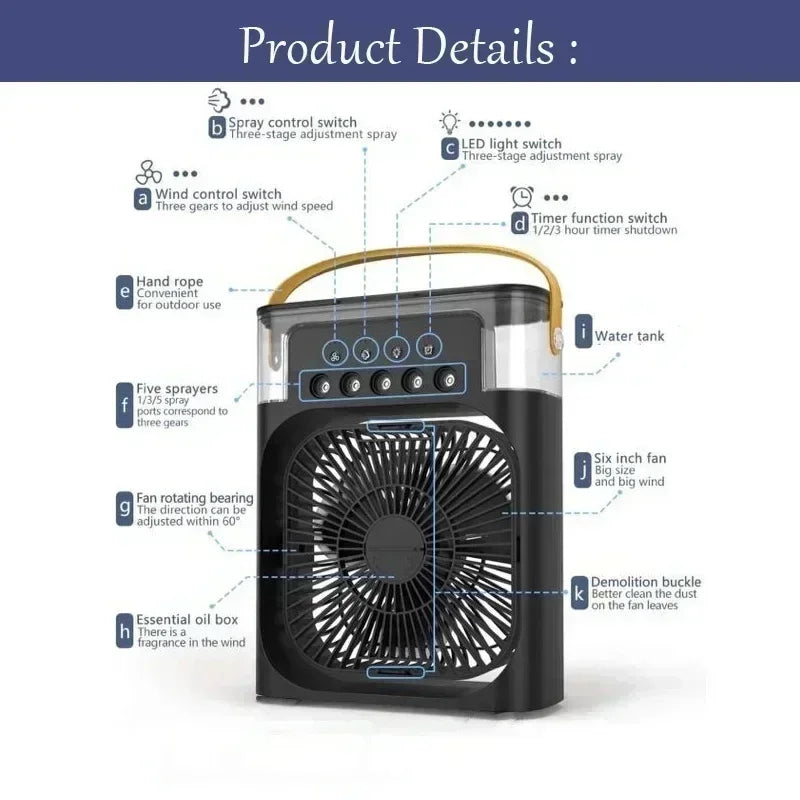 New 3 In 1 Mini Air Conditioner Household Fan with LED Night Light Portable Humidifier and Adjustable Air Flow for Office and Home