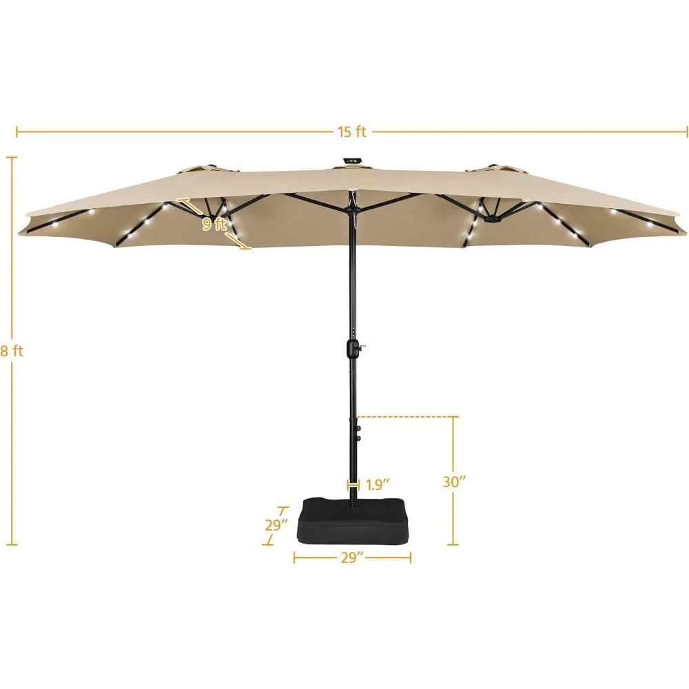 15 Ft Large Patio Umbrella with Solar Lights Double Sided Outdoor Rectangle Market Umbrella with 36 LED Lights and Base Included