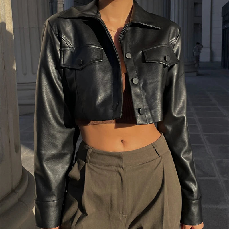 Xeemilo Autumn Faux Leather Short Jacket Y2K Turn Down Collar Fashion Button Decoration PU Coat 2022 Grunge Street Casual Coats