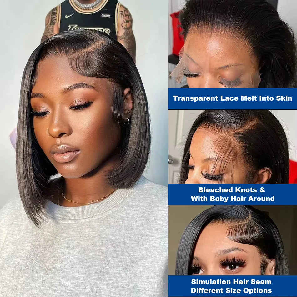 13x4 Short Bob Wigs 220 Percent Density Bone Straight Human Hair Pre Plucked Transparent Lace Frontal Wig