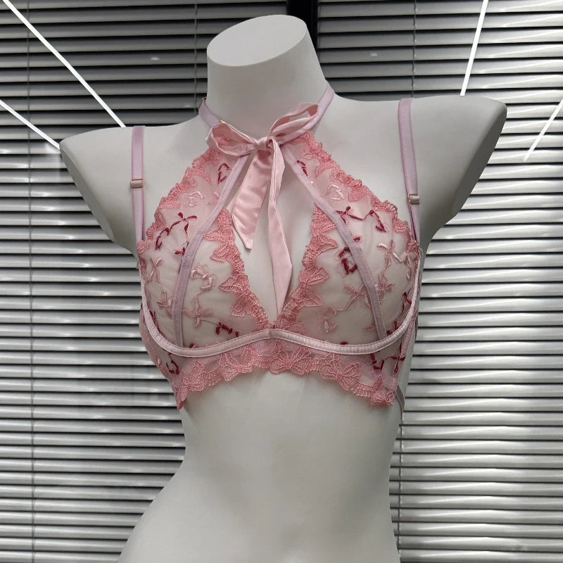 Butterfly Mambo Bra Set 32-38, Embroidered Ribbon Bow Neckband Lingerie, Sexy Pure Desire Bralette and Panty Set Women Sexy AB