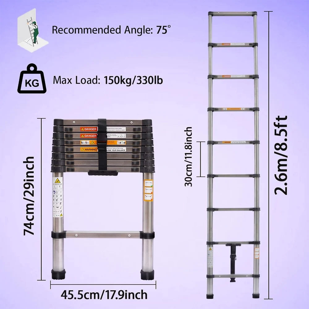 Extendable Telescopic Ladder 2.6M to 5M Heavy Duty Multi Purpose Folding Stainless Steel Portable Loft Ladder Tool