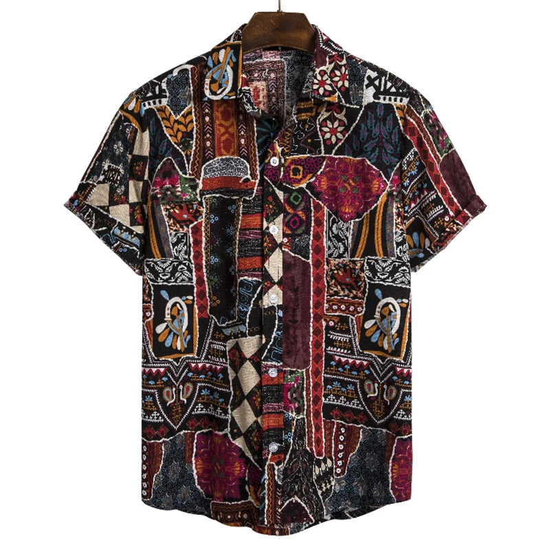 Men's Cotton Polyester Summer Short Sleeve Shirt Boho Geometric Pattern Hawaiian Beach Male Shirts Casual Blouse For Men