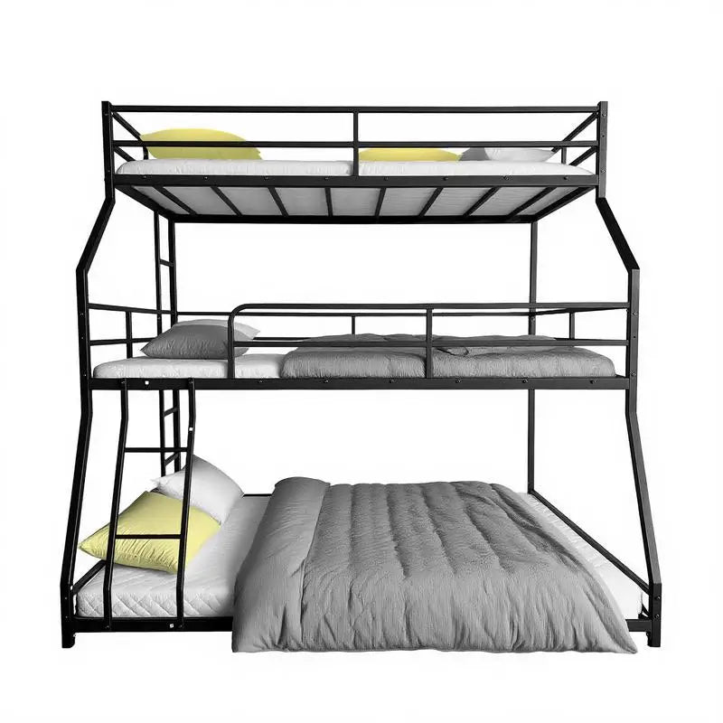 Triple Bunk Bed with Long & Short Ladder, Full-Length Guardrails, Easy Assembly, for Kids, Black Finish