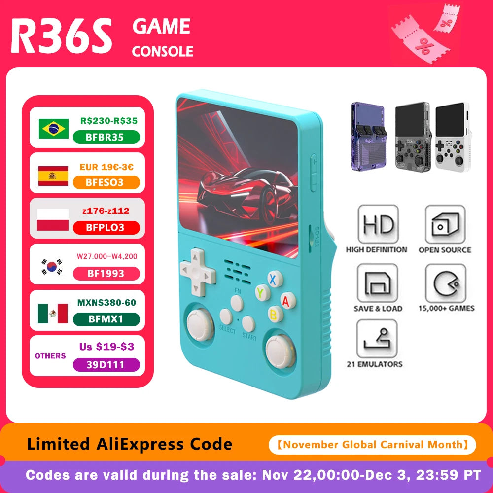 R36S Retro Handheld Video Game Console Linux System 3.5 Inch IPS Screen Portable Player 64GB 15000 Games
