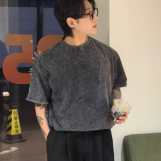 Korean Fashion Washed Vintage T Shirt Men Hip Hop Retro Tops