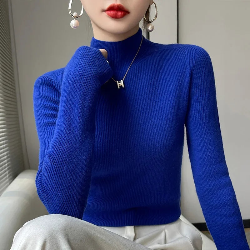 Autumn Winter Women Sweater Slim Fit High Strecth Pullovers  Long Sleeve Inner Wear Mock Neck Knitted Tops Korean Fashion Jumper