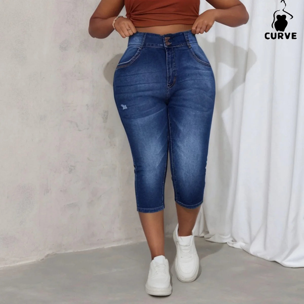 Plus-Size Women's High-Waisted Skinny Stretch Denim Capris Women's Classic Washed Versatile Straight-Leg Cropped Denim Jeans