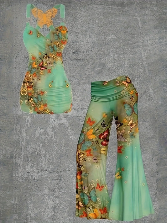 European and American Fashion New Butterfly Lace Cross Vest and Wide Leg Trousers Two Piece Suit