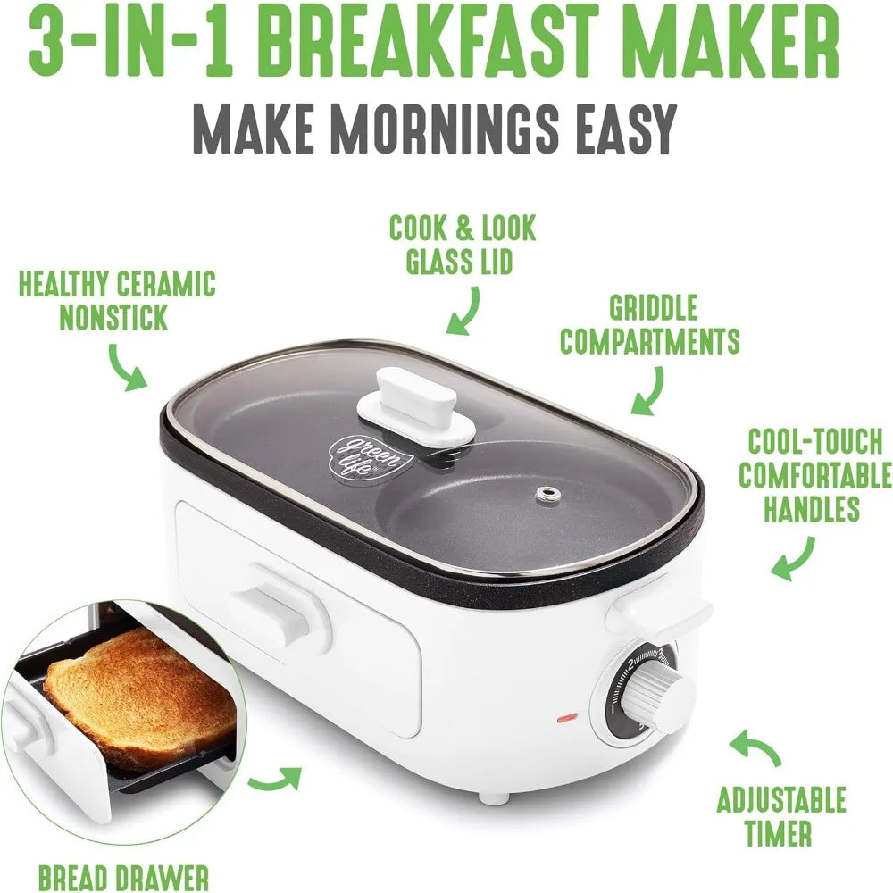 3 In 1 Breakfast Maker Station Healthy Ceramic Nonstick Dual Griddles For Eggs Meat Sausage Bacon Pancakes And Breakfast