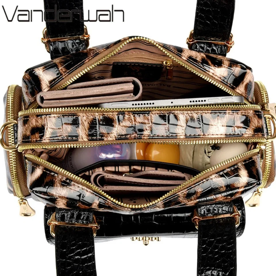 VANDERWAH Fashion Leopard Print Women's Boston Bag Luxury Designer Handbag High Quality PU Leather Lady Shoulder Crossbody Bag