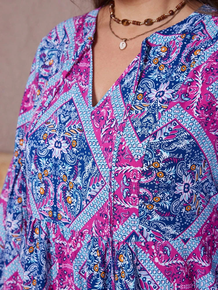 Plus Size 2025 New Women's V Neck Purple Casual Printed Dress Long Loose Fit Polyester Long Sleeve Pullover