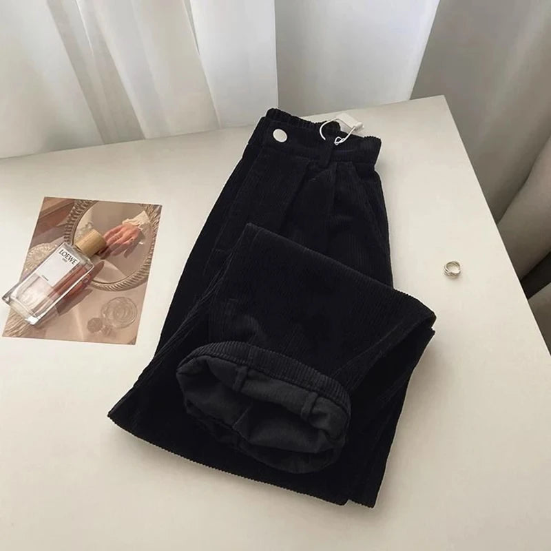 Women Korean Fashion Spring Fall Retro Straight High Waist Corduroy Pants Casual Full Length Trousers Office Lady Style