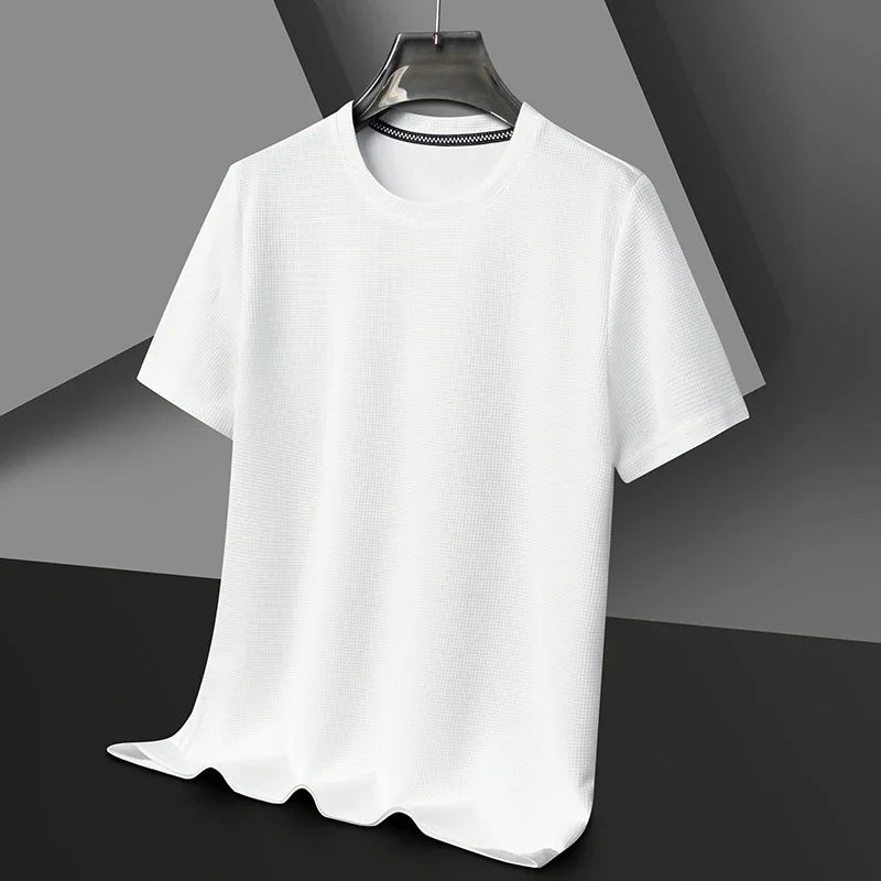 New Summer Waffle Round Neck Short Sleeved T Shirt for Men Casual Top