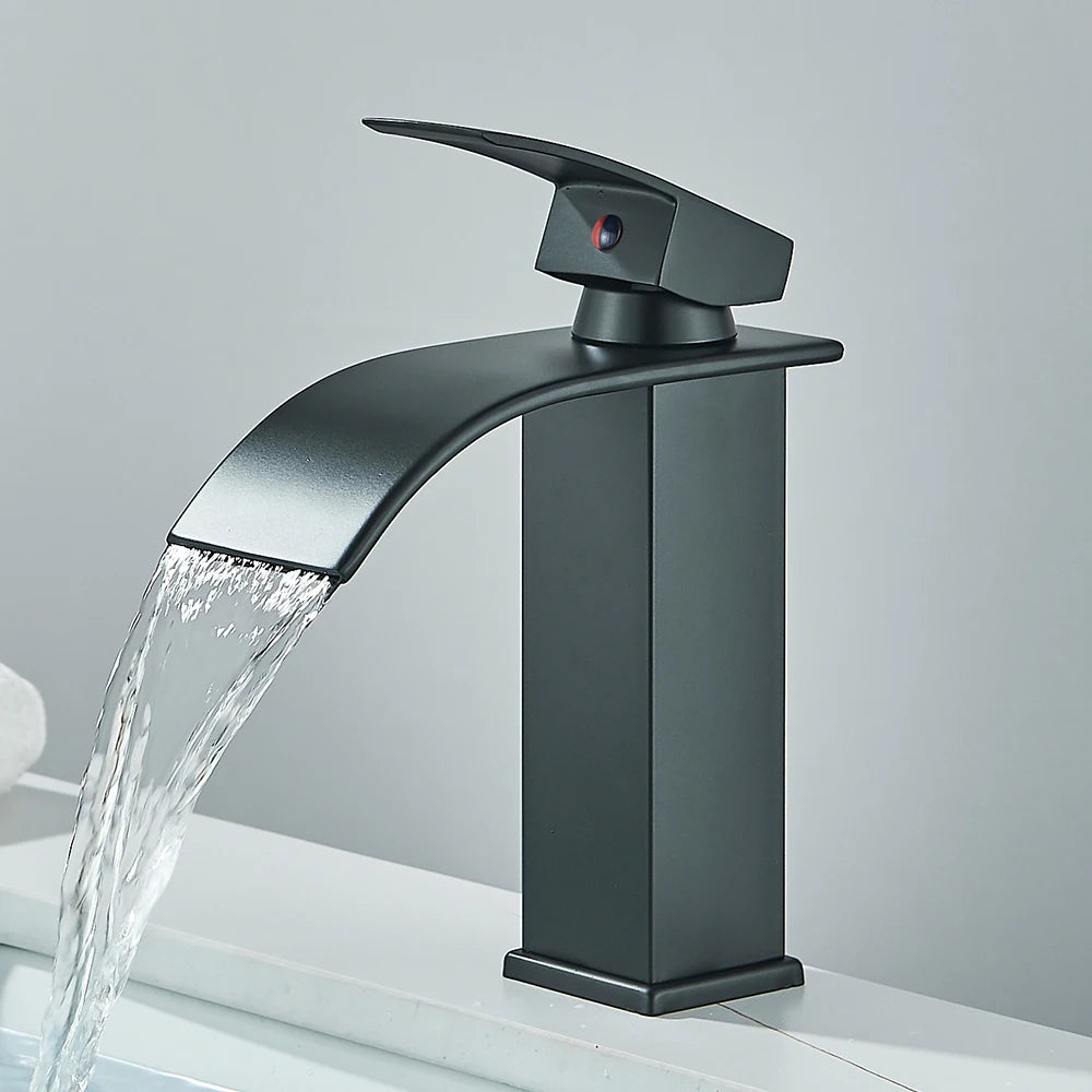 Quyanre Matte Black Waterfall Basin Faucet Single Handle Mixer Hot Cold Water Basin Crane Tap For Bathroom Wash Basin Mixer Tap