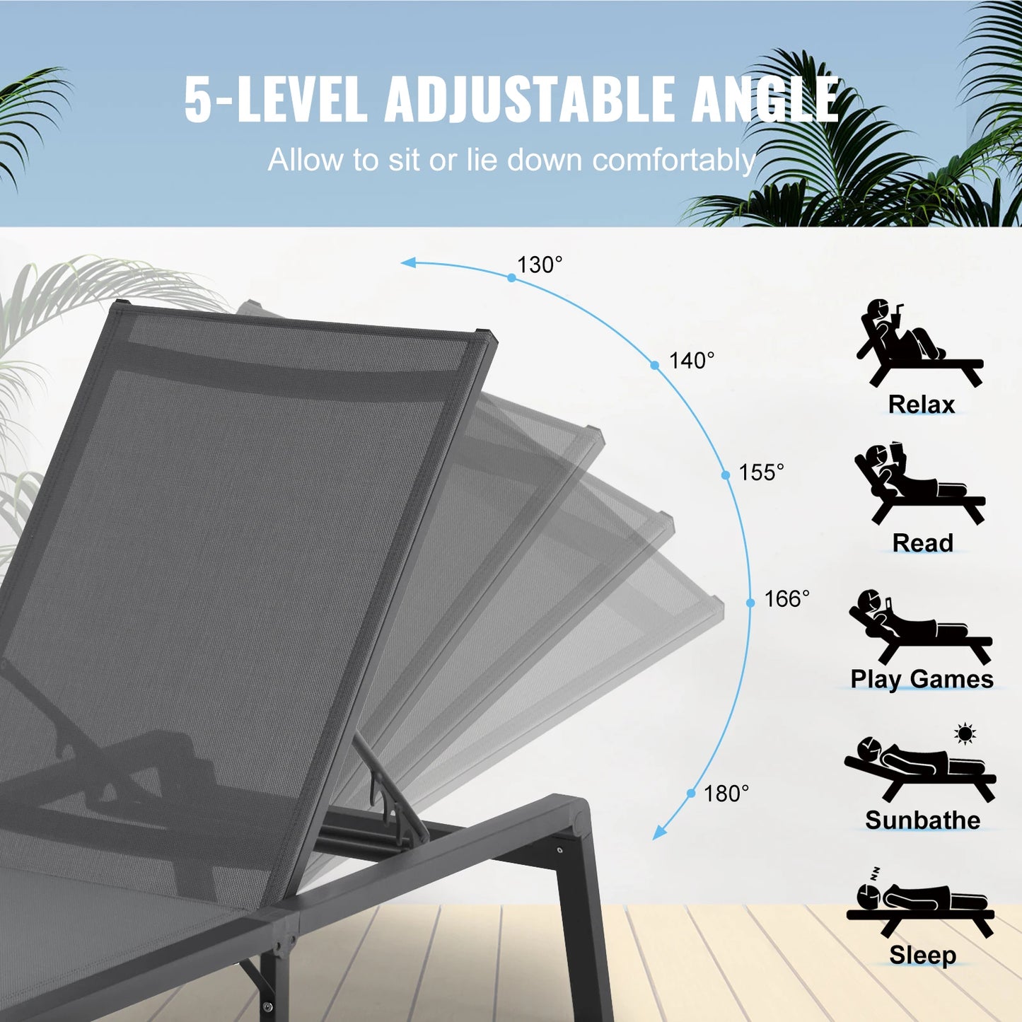SucceBuy Chaise Lounge Chair Outdoor Aluminum Patio LoungeFolding Pool Lounge Recliner Full Flat for Patio Beach Pool Dark Grey