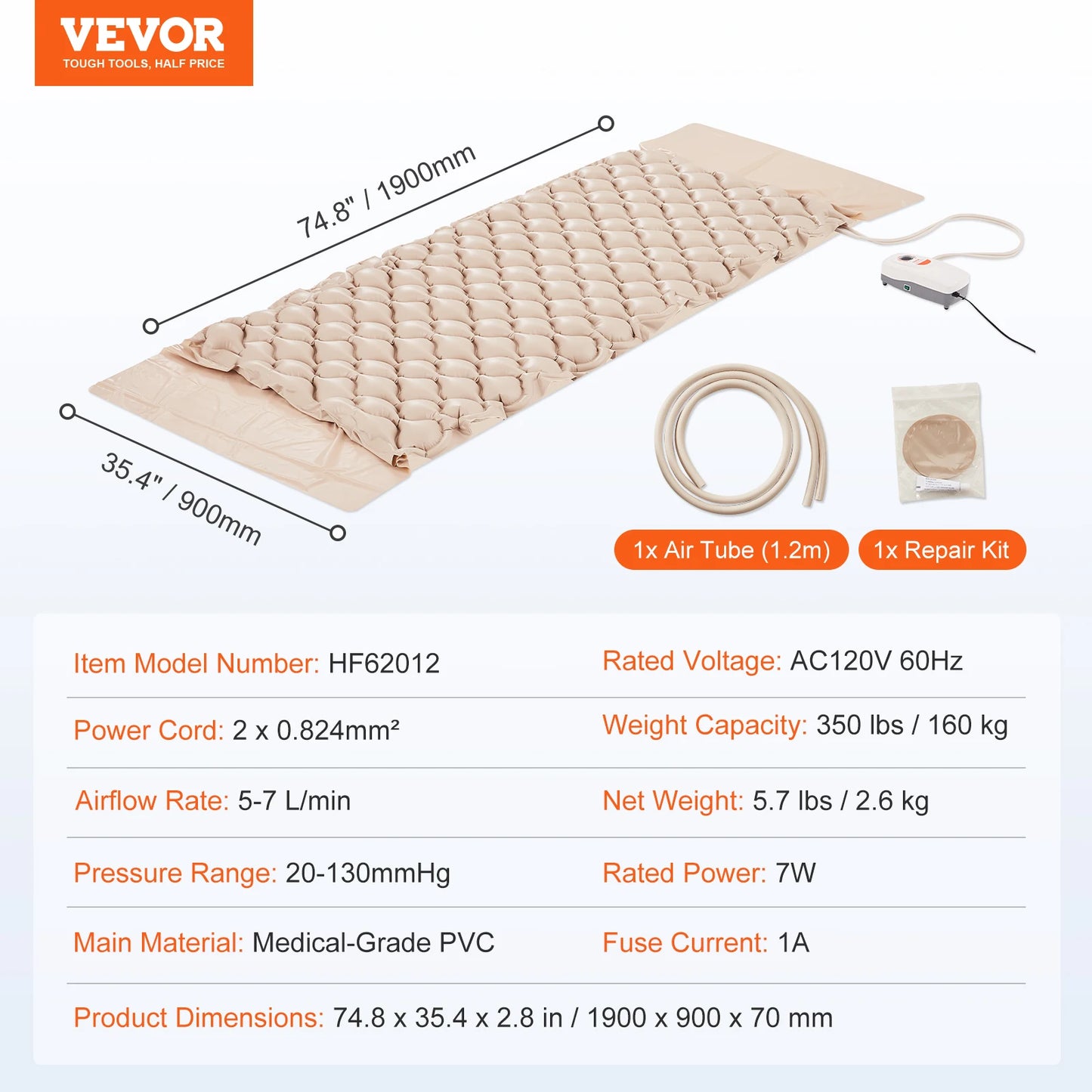 VEVOR Alternating Air Pressure Mattress 5 Level Pressure Air Mattress for Bed Sores Medical Grade PVC Alternating Pressure Pad