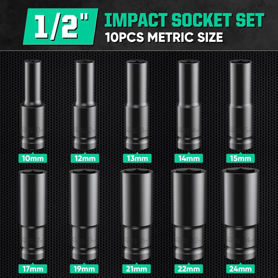 1/2 Inch Drive 6 Point Impact Socket Set 10 Piece Metric Sizes 8 To 24mm Carbon Steel Impact Sockets with Hard Storage Box