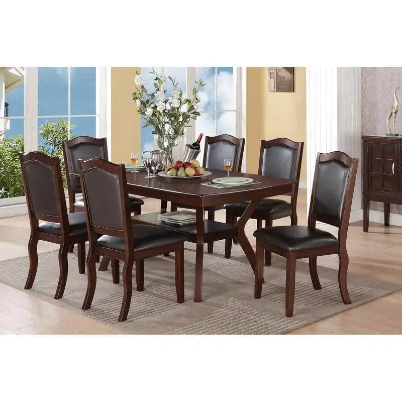 7pc Formal Dining Set with Solid Wood Table, Shelve & 6 Chairs in Espresso Finish