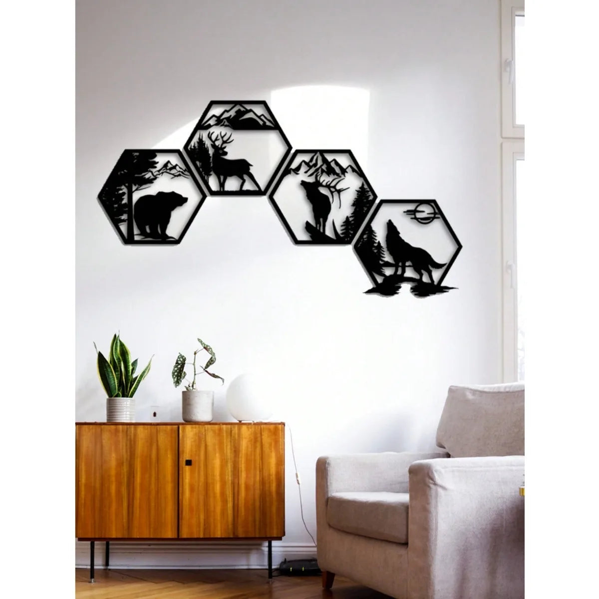 4PC Hexagon Animal (Deer/Wolf/Bear) Metal Wall Sculpture | Rustic Black Decor | Halloween & Christmas Gift
